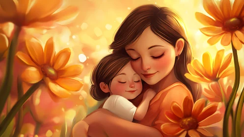 Woman and child embrace surrounded by orange daisy flowers