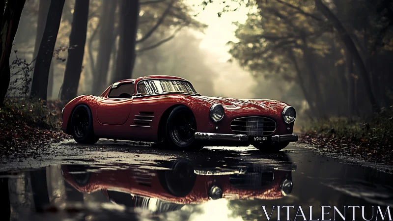 Vintage red sports car glows against a misty forest road