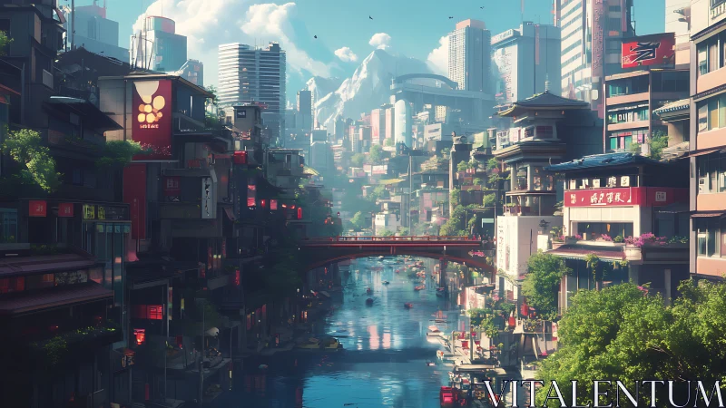 Futuristic canal city basks in warm sunlight and neon glow