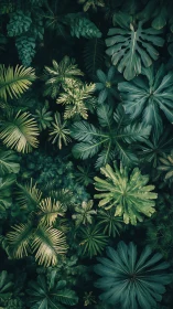 Dense overhead tropical foliage canopy with varied leaf morphology