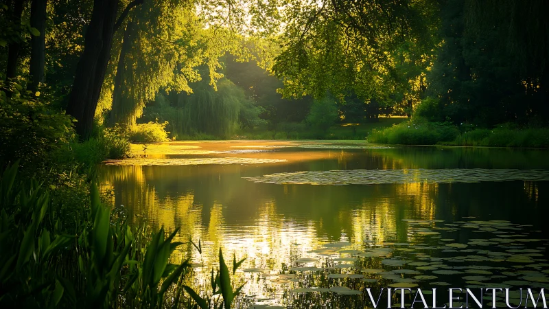Sunlit forest pond rests quietly under soft golden light