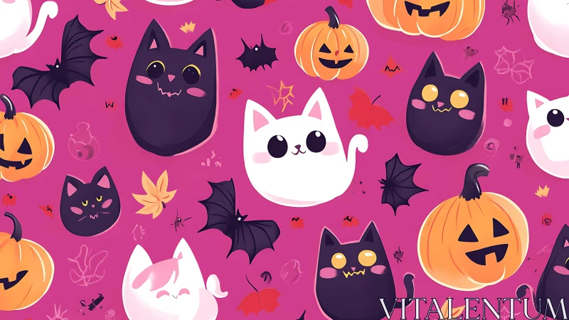 Halloween-Themed Vector Illustration with Anthropomorphic Cats on Vibrant Magenta Background