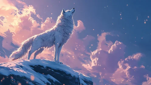 Digital painting of a lone white wolf on luminous snowy summit.