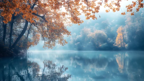 Foggy forest lake with autumn foliage and reflections.