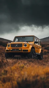 Yellow off-road SUV stands on grassy hillside under storm clouds
