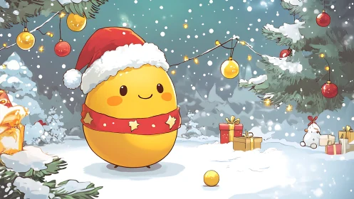 Cheerful yellow friend enjoys a snowy, sparkling Christmas night