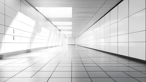 Modern architectural corridor rendered with rectilinear perspective and linear grid composition.