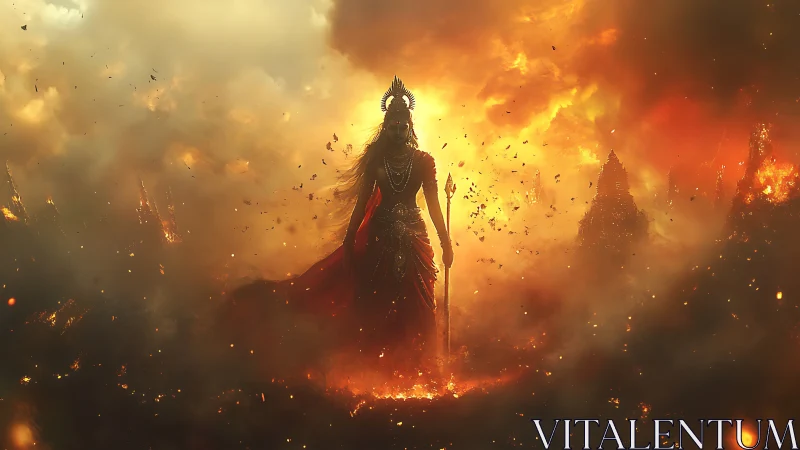 Mythic fire goddess amid pyroclastic battlefield haze.