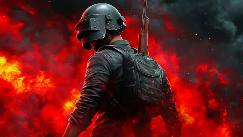 Armored figure with rifle amid dense red explosive smoke.