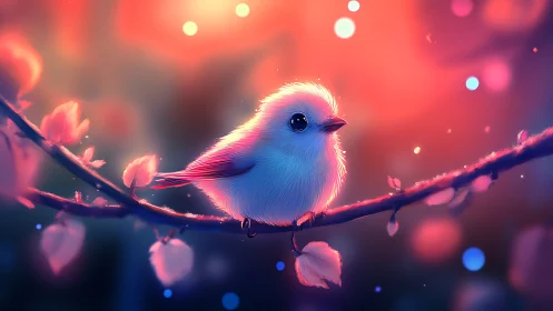 Iridescent Bird on Cherry Branch with Neon Glow. Digital Rendering.