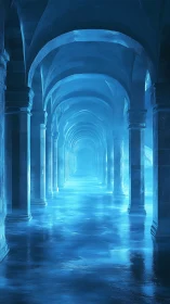 Symmetrical blue stone colonnade with reflective flooded floor.