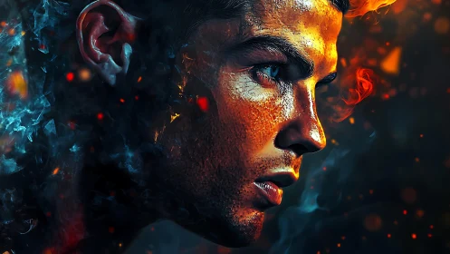 Hyperreal male portrait in fiery bokeh, blue ember smoke