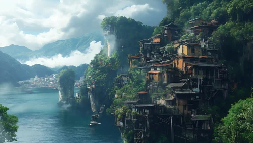 Cliffside jungle settlement over misty emerald bay at dawn.