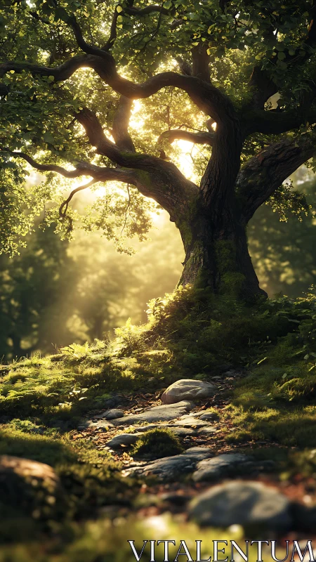Ancient Oak in Dappled Sunlight: Nature's Architectural Drama.