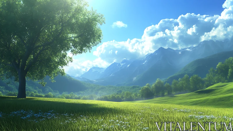 Luminous alpine meadow with solitary tree and distant peaks.