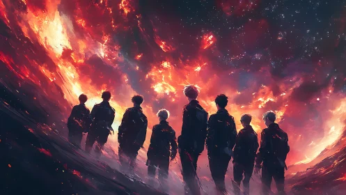 Stargazers at the ember horizon of a collapsing sky.