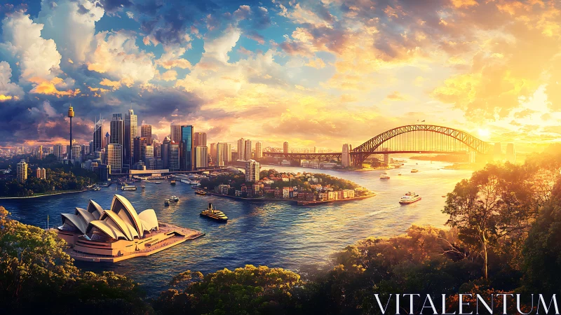 Sydney harbor skyline under luminous golden sunset light.
