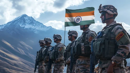 High-altitude Indian soldiers stand guard beneath icy peaks.