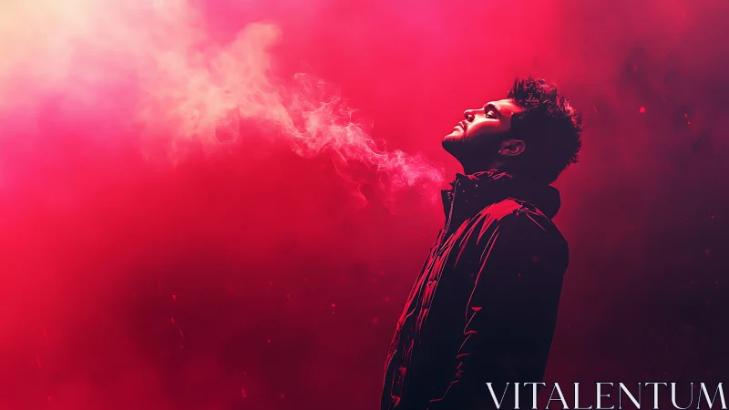 Man in red haze exhaling smoke in dramatic side profile.