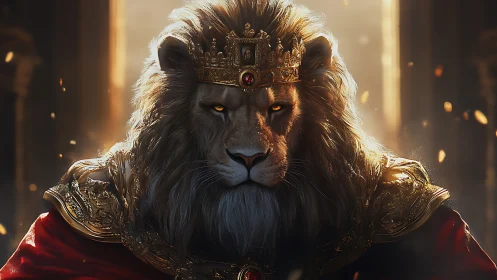 Regal anthropomorphic lion king rendered in dramatic chiaroscuro