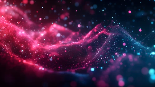Abstract digital landscape with glowing particles, neon pink and blue.