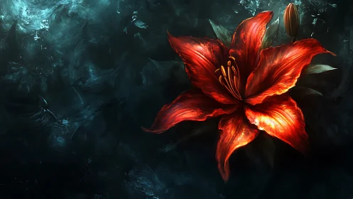 Luminous red lily rendered against turbulent aquatic void.