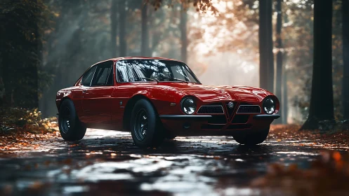 Crimson classic sports coupe in misty autumn forest roadscape.