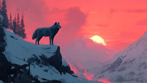 Wolf on snowy cliff overlooking red sunset sky.