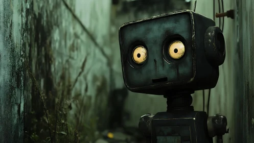 Lonely square-headed robot stares wide-eyed in a damp alley