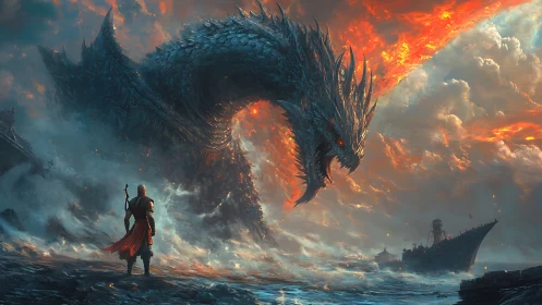 Armored dragon confronts lone warrior on storm-laden shore
