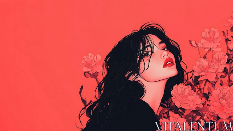 Bold red portrait contrasts dark hair with blooming florals