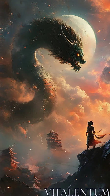 Warrior faces colossal celestial dragon above temples.