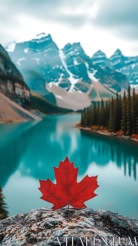 Red maple leaf crowns turquoise alpine lake panorama.