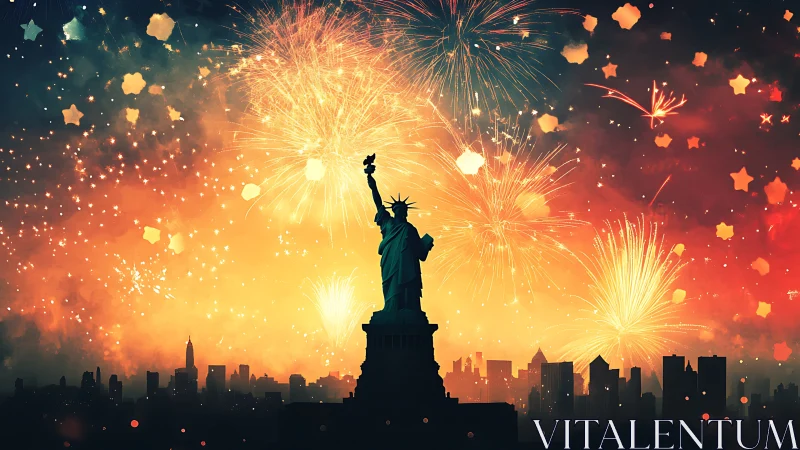 Statue of Liberty silhouette against dense city fireworks.