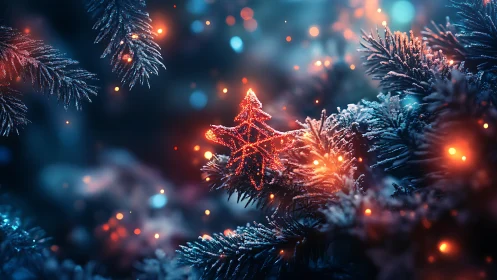 Frosted fir boughs cradle a glowing red Christmas star charm.