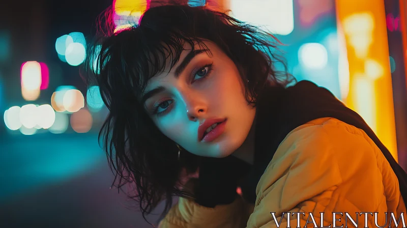Woman leans toward camera in neon city street at night