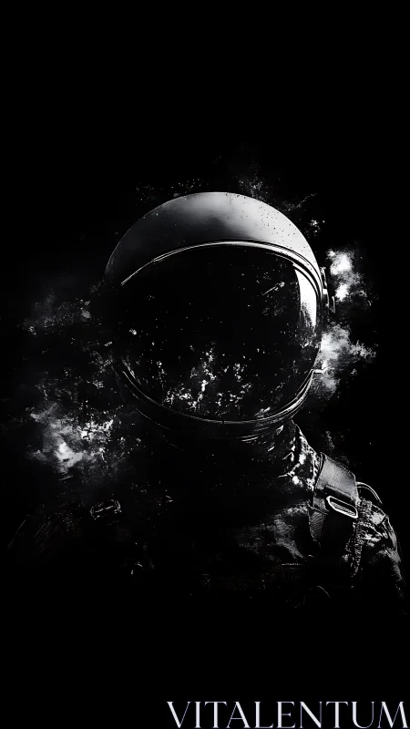 Monochrome astronaut portrait with fragmented noir silhouette.