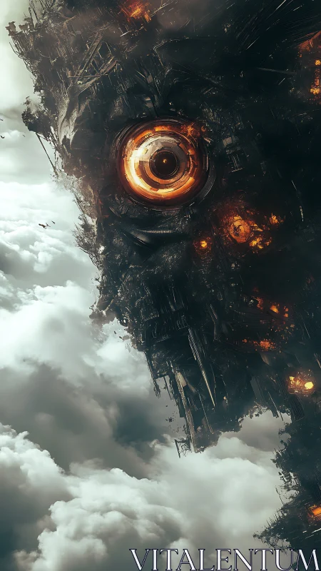 Colossal orbital mech-eye overlooking storm-swept clouds.