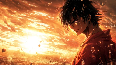 Brooding anime warrior under blazing molten sunset sky.