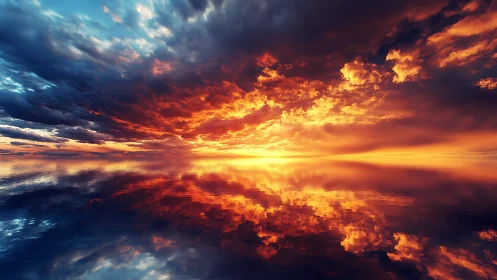 Skyfire horizon melting into mirrored ocean hush.