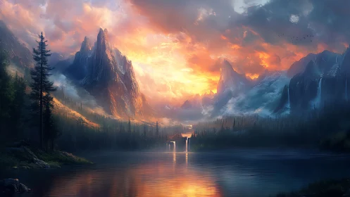 Mountain lake landscape under dramatic sunset sky.