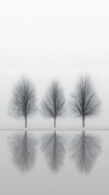 Bare winter trees align over glassy fogged water reflection.