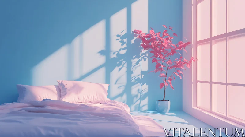 Soft pastel bedroom with pink plant and window light.