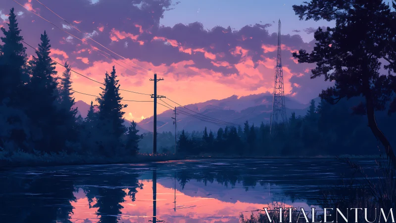 Digital painting twilight lake with powerlines reflection study.