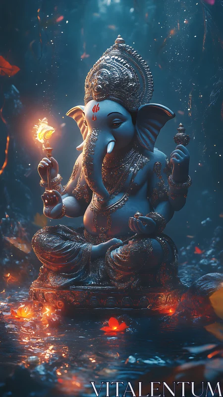 Ganesh statue glowing in blue forest water at night.
