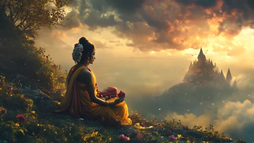 Meditative figure observes illuminated cloud temple at sunset