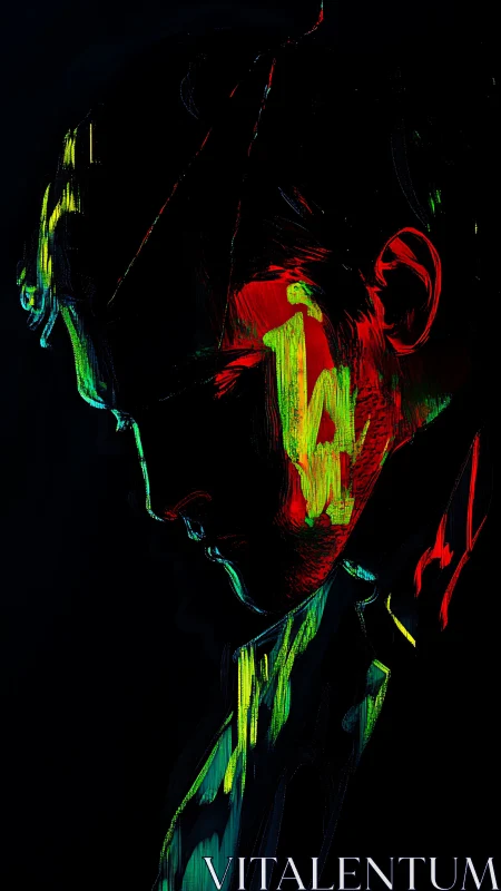 Neon-lit male silhouette in brooding side profile portrait.