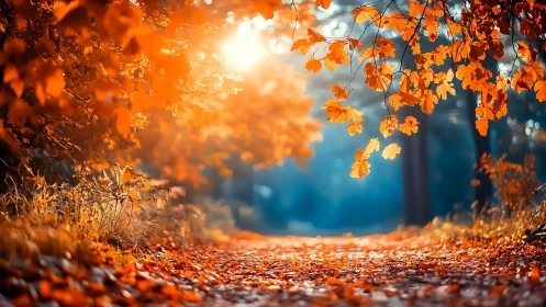 Luminous Autumn Pathway: Golden Foliage Backlit by Dramatic Sky