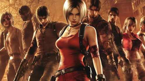 Tough survivor squad standing strong in a ruined cityscape.