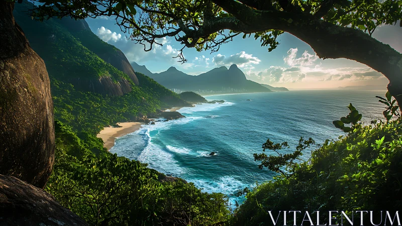 Hidden jungle lookout over a sunlit tropical shoreline.